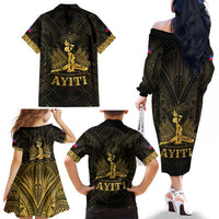 Haiti 1804 Family Matching Off The Shoulder Long Sleeve Dress and Hawaiian Shirt Polynesian Gold Neg Maron LT05 - Polynesian Pride