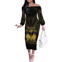 Haiti 1804 Family Matching Off The Shoulder Long Sleeve Dress and Hawaiian Shirt Polynesian Gold Neg Maron LT05 Mom's Dress Gold - Polynesian Pride