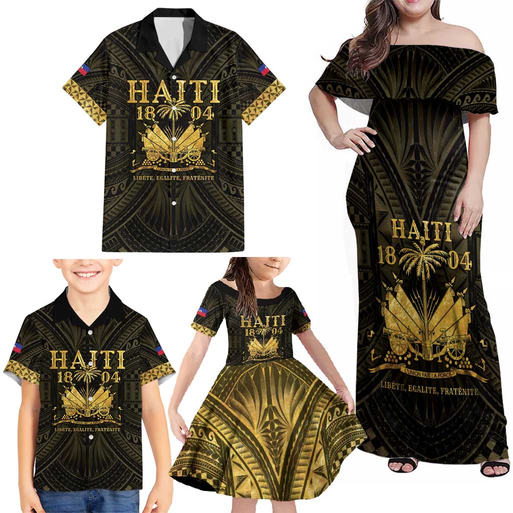 Haiti 1804 Family Matching Off Shoulder Maxi Dress and Hawaiian Shirt Polynesian Gold Neg Maron LT05 - Polynesian Pride