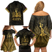 Haiti 1804 Family Matching Off Shoulder Short Dress and Hawaiian Shirt Polynesian Gold Neg Maron LT05 - Polynesian Pride
