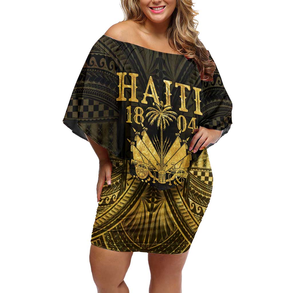 Haiti 1804 Family Matching Off Shoulder Short Dress and Hawaiian Shirt Polynesian Gold Neg Maron LT05 Mom's Dress Gold - Polynesian Pride