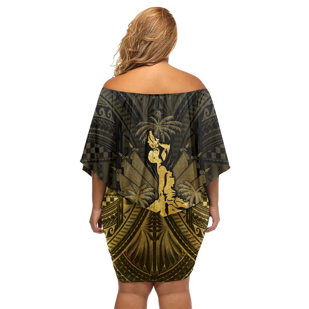 Haiti 1804 Family Matching Off Shoulder Short Dress and Hawaiian Shirt Polynesian Gold Neg Maron LT05 - Polynesian Pride