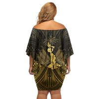 Haiti 1804 Family Matching Off Shoulder Short Dress and Hawaiian Shirt Polynesian Gold Neg Maron LT05 - Polynesian Pride