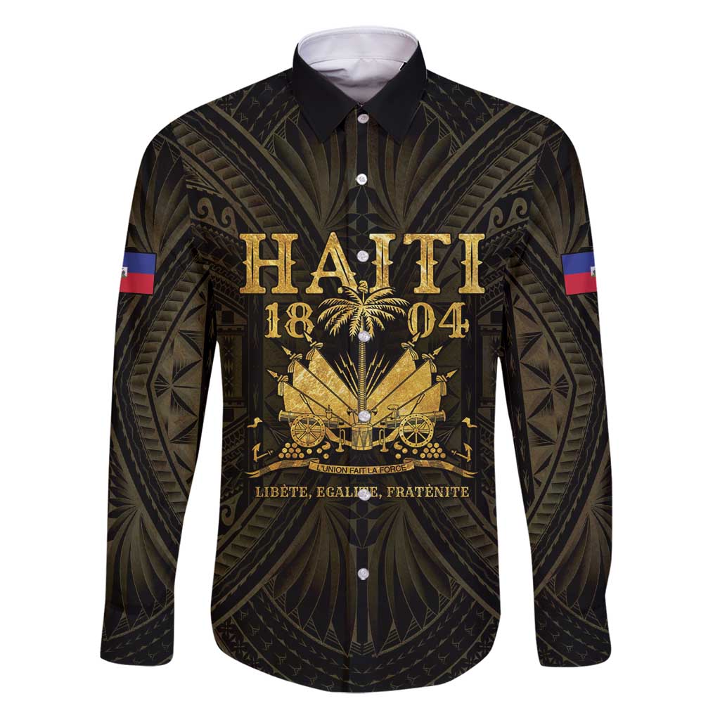 Haiti 1804 Family Matching Puletasi and Hawaiian Shirt Polynesian Gold Neg Maron LT05 Dad's Shirt - Long Sleeve Gold - Polynesian Pride