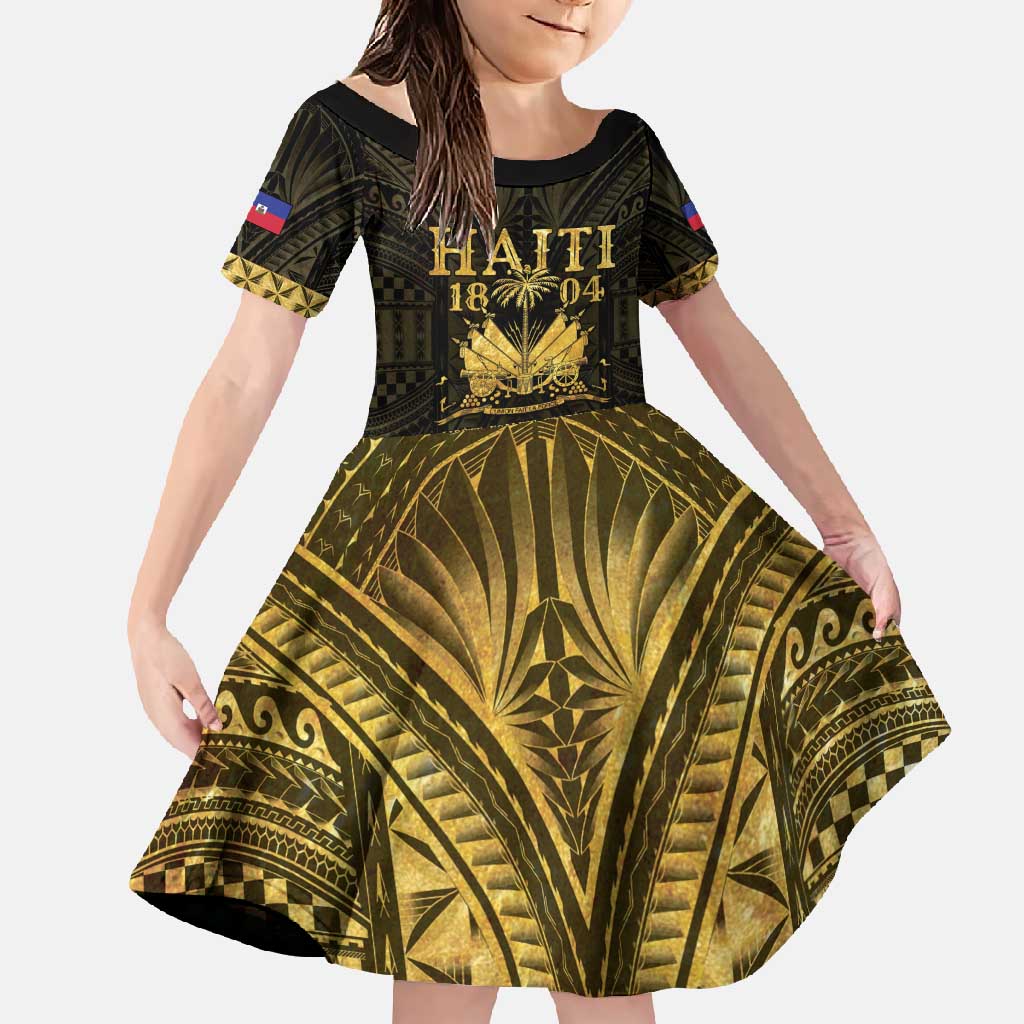 Haiti 1804 Family Matching Short Sleeve Bodycon Dress and Hawaiian Shirt Polynesian Gold Neg Maron LT05 Daughter's Dress Gold - Polynesian Pride