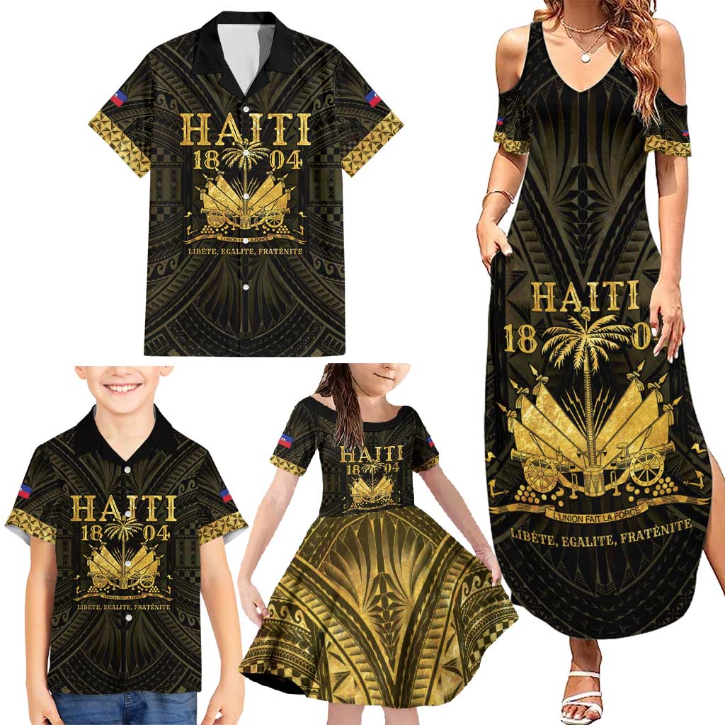 Haiti 1804 Family Matching Summer Maxi Dress and Hawaiian Shirt Polynesian Gold Neg Maron LT05 - Polynesian Pride