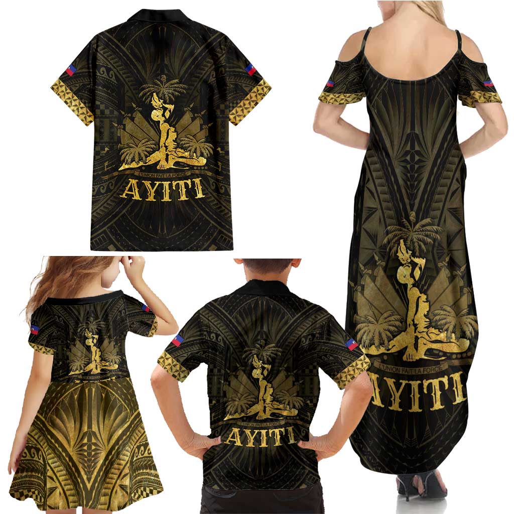 Haiti 1804 Family Matching Summer Maxi Dress and Hawaiian Shirt Polynesian Gold Neg Maron LT05 - Polynesian Pride