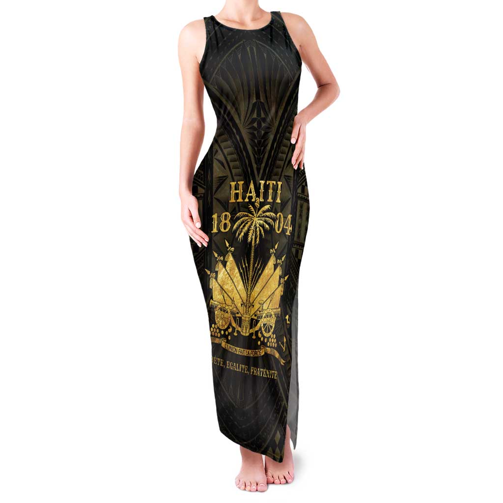 Haiti 1804 Family Matching Tank Maxi Dress and Hawaiian Shirt Polynesian Gold Neg Maron LT05 Mom's Dress Gold - Polynesian Pride