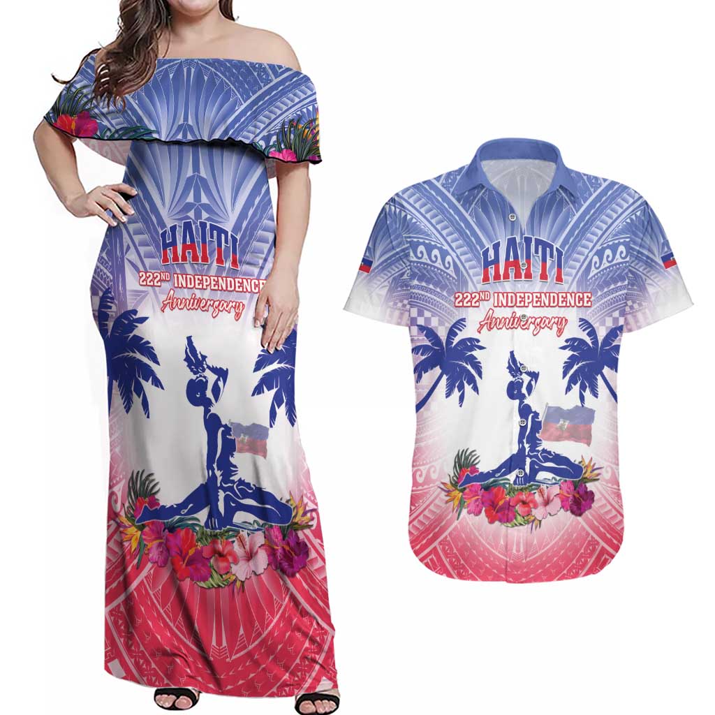 Personalised Haiti Independence Day Couples Matching Off Shoulder Maxi Dress and Hawaiian Shirt Neg Maron Polynesian Style LT05 Blue - Polynesian Pride