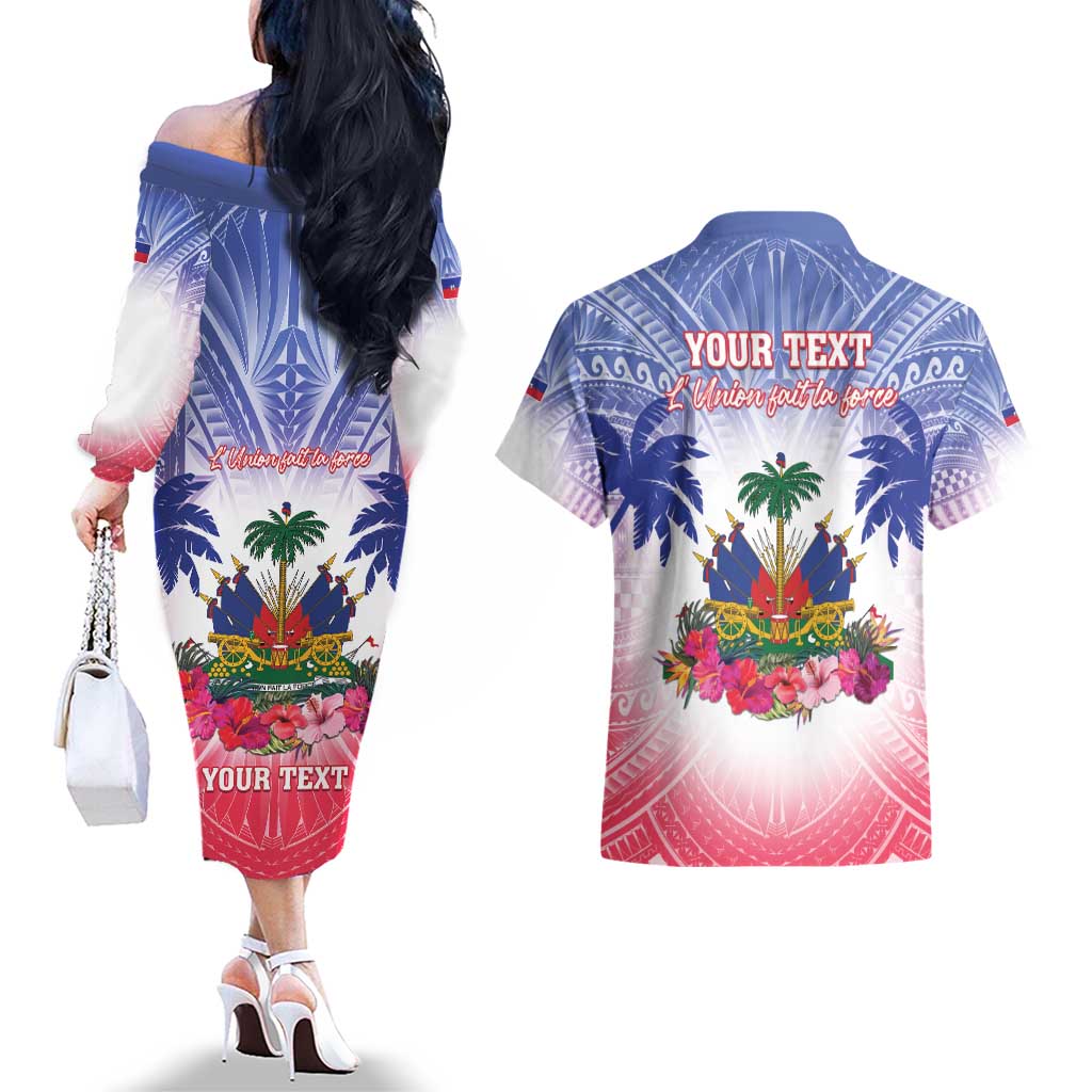 Personalised Haiti Independence Day Couples Matching Off The Shoulder Long Sleeve Dress and Hawaiian Shirt Neg Maron Polynesian Style LT05 - Polynesian Pride