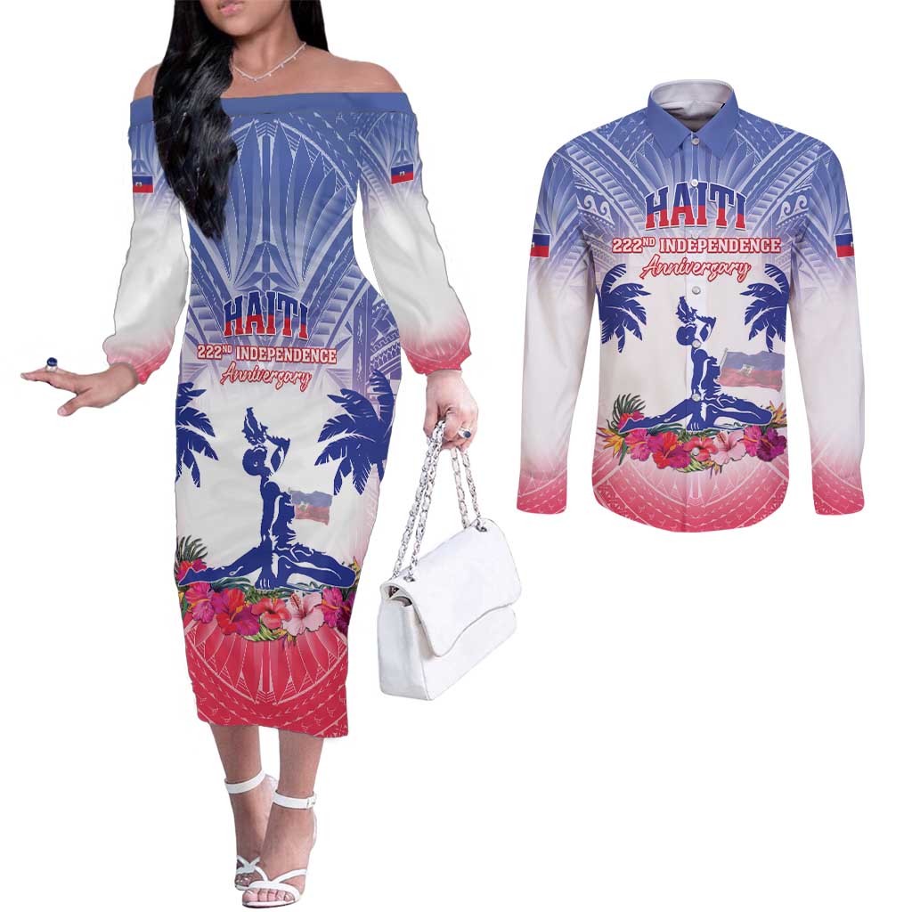 Personalised Haiti Independence Day Couples Matching Off The Shoulder Long Sleeve Dress and Long Sleeve Button Shirt Neg Maron Polynesian Style LT05 Blue - Polynesian Pride