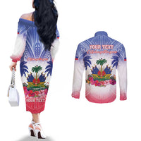 Personalised Haiti Independence Day Couples Matching Off The Shoulder Long Sleeve Dress and Long Sleeve Button Shirt Neg Maron Polynesian Style LT05 - Polynesian Pride