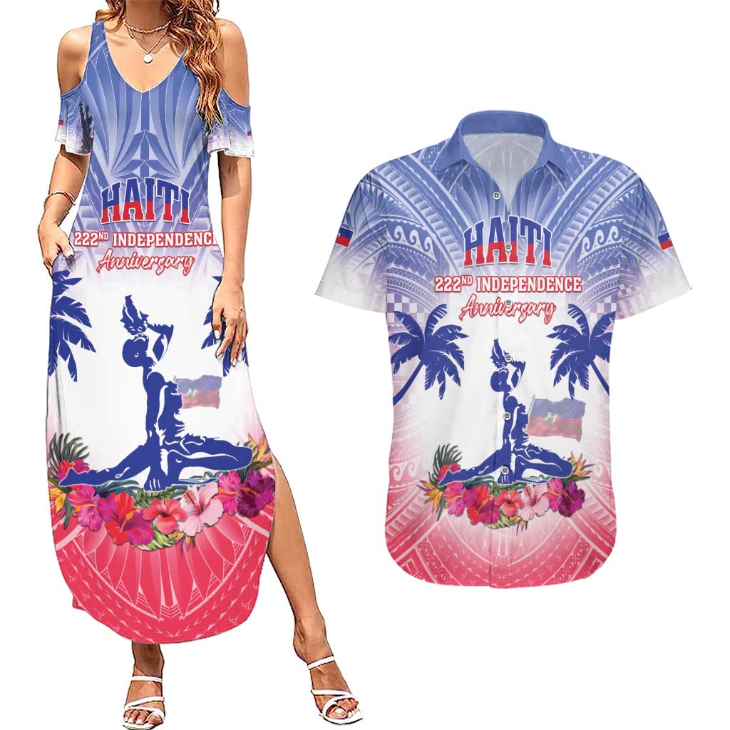 Personalised Haiti Independence Day Couples Matching Summer Maxi Dress and Hawaiian Shirt Neg Maron Polynesian Style LT05 Blue - Polynesian Pride