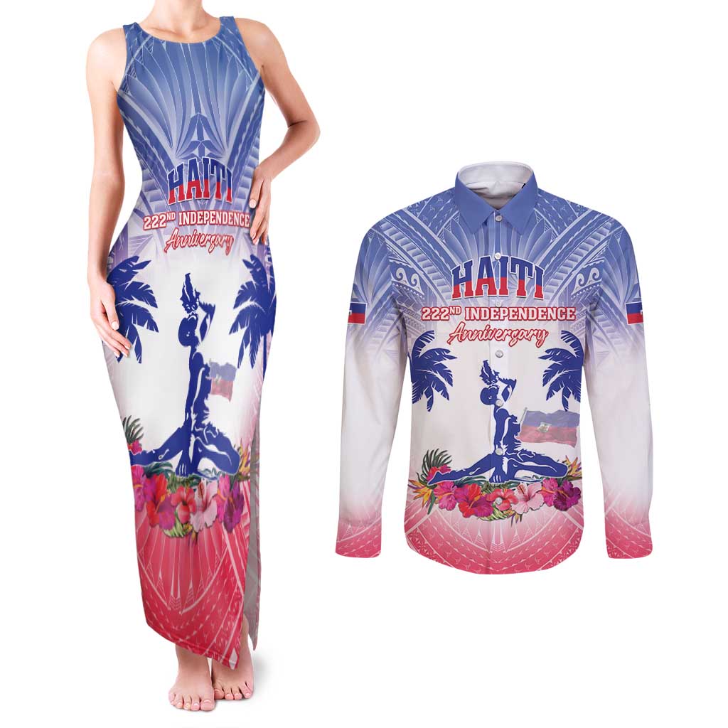 Personalised Haiti Independence Day Couples Matching Tank Maxi Dress and Long Sleeve Button Shirt Neg Maron Polynesian Style LT05 Blue - Polynesian Pride