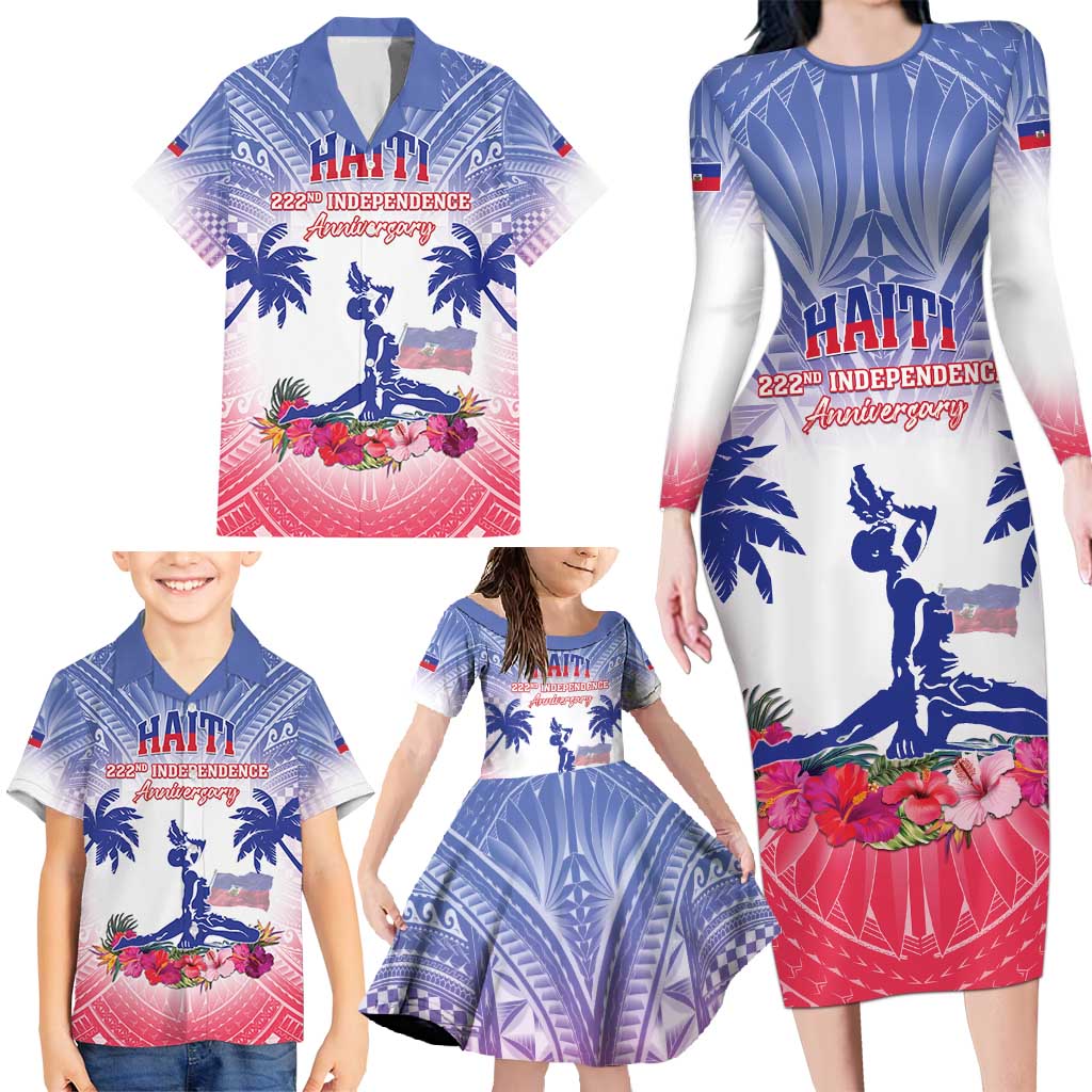 Personalised Haiti Independence Day Family Matching Long Sleeve Bodycon Dress and Hawaiian Shirt Neg Maron Polynesian Style LT05 - Polynesian Pride