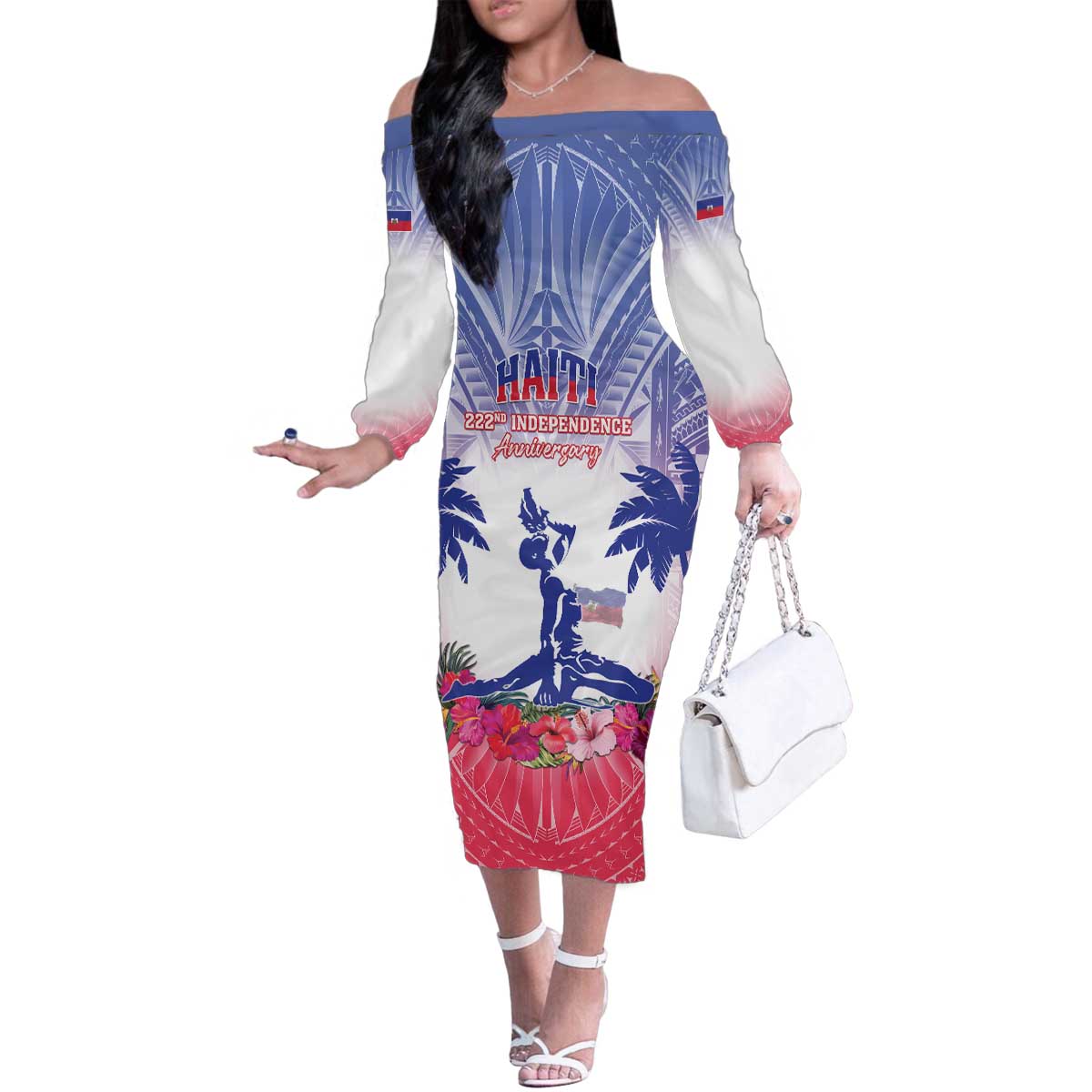 Personalised Haiti Independence Day Family Matching Off The Shoulder Long Sleeve Dress and Hawaiian Shirt Neg Maron Polynesian Style LT05 Mom's Dress Blue - Polynesian Pride