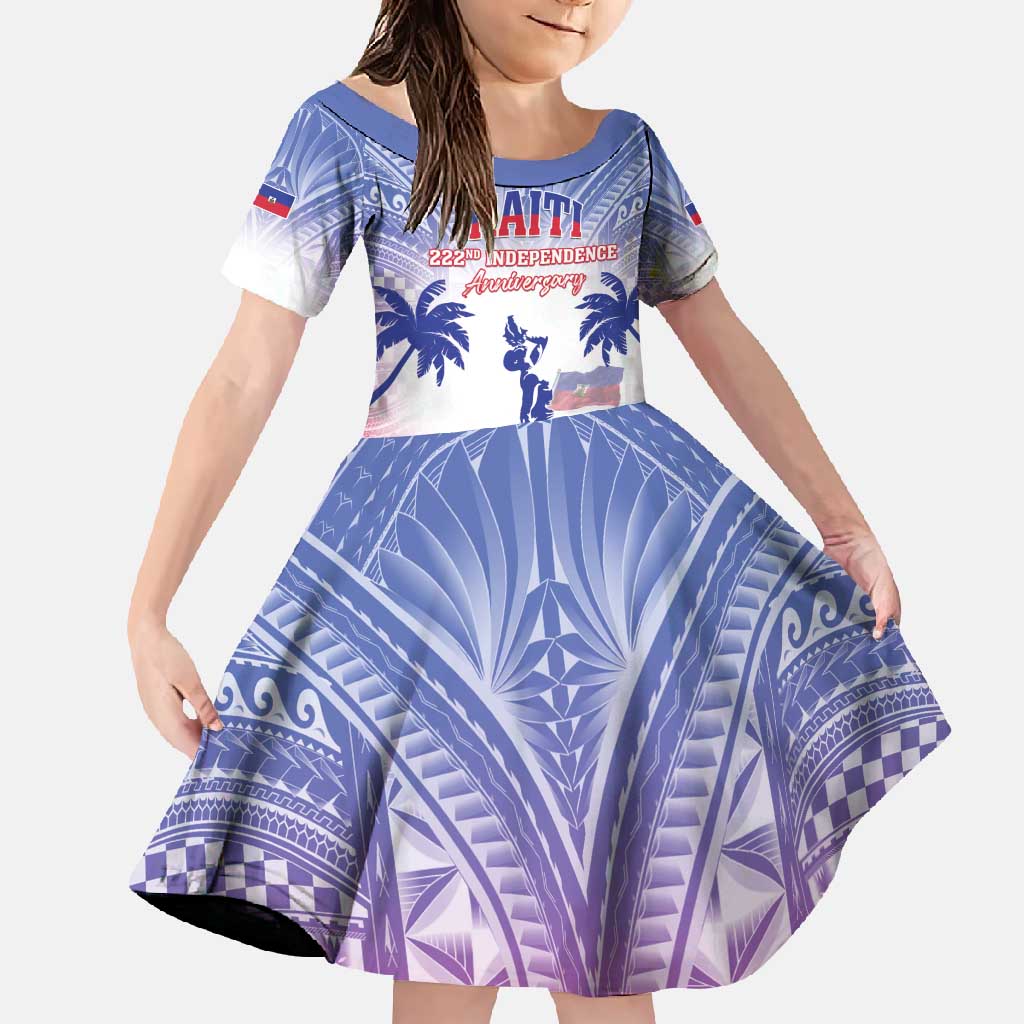 Personalised Haiti Independence Day Family Matching Off Shoulder Maxi Dress and Hawaiian Shirt Neg Maron Polynesian Style LT05 Daughter's Dress Blue - Polynesian Pride