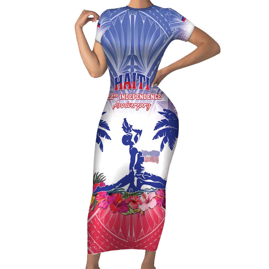 Personalised Haiti Independence Day Family Matching Short Sleeve Bodycon Dress and Hawaiian Shirt Neg Maron Polynesian Style LT05 Mom's Dress Blue - Polynesian Pride