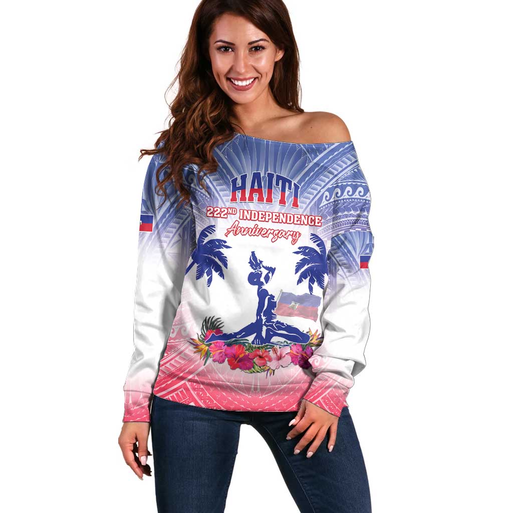 Personalised Haiti Independence Day Off Shoulder Sweater Neg Maron Polynesian Style LT05 Women Blue - Polynesian Pride