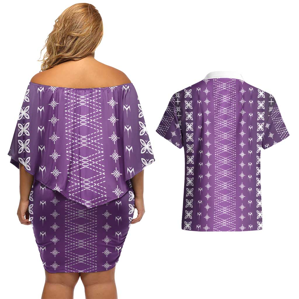 Purple Samoa Malu Tattoo Inspired Couples Matching Off Shoulder Short Dress and Hawaiian Shirt - Polynesian Pride