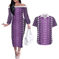 Purple Samoa Malu Tattoo Inspired Couples Matching Off The Shoulder Long Sleeve Dress and Hawaiian Shirt LT05 Purple - Polynesian Pride