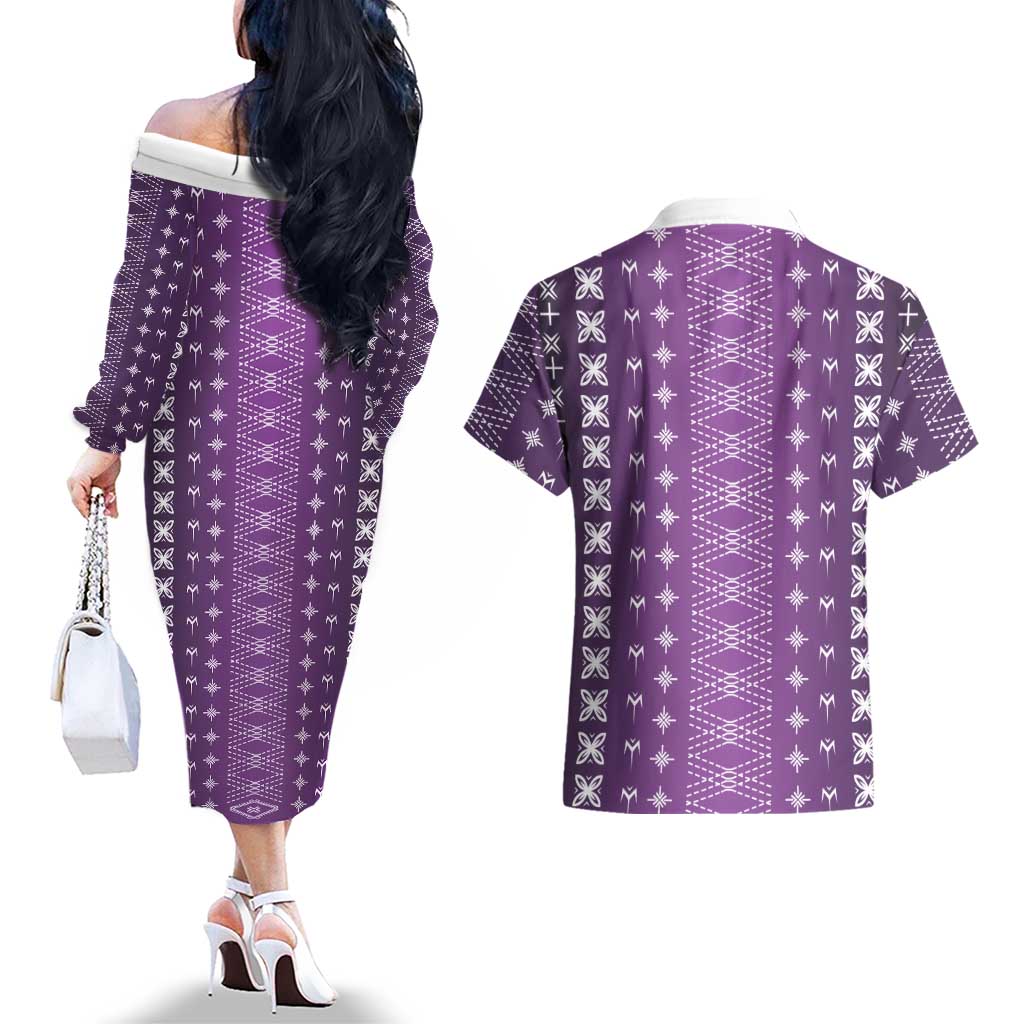 Purple Samoa Malu Tattoo Inspired Couples Matching Off The Shoulder Long Sleeve Dress and Hawaiian Shirt LT05 - Polynesian Pride
