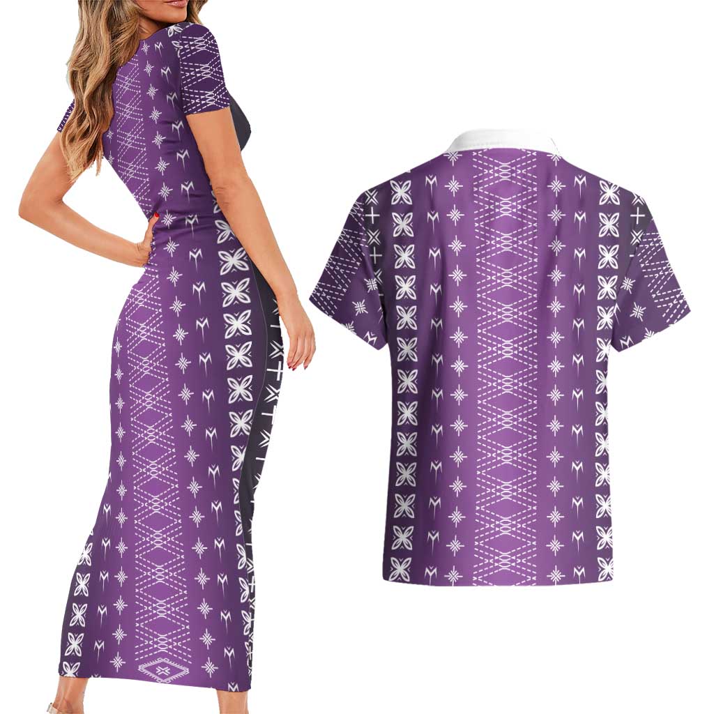 Purple Samoa Malu Tattoo Inspired Couples Matching Short Sleeve Bodycon Dress and Hawaiian Shirt LT05 - Polynesian Pride