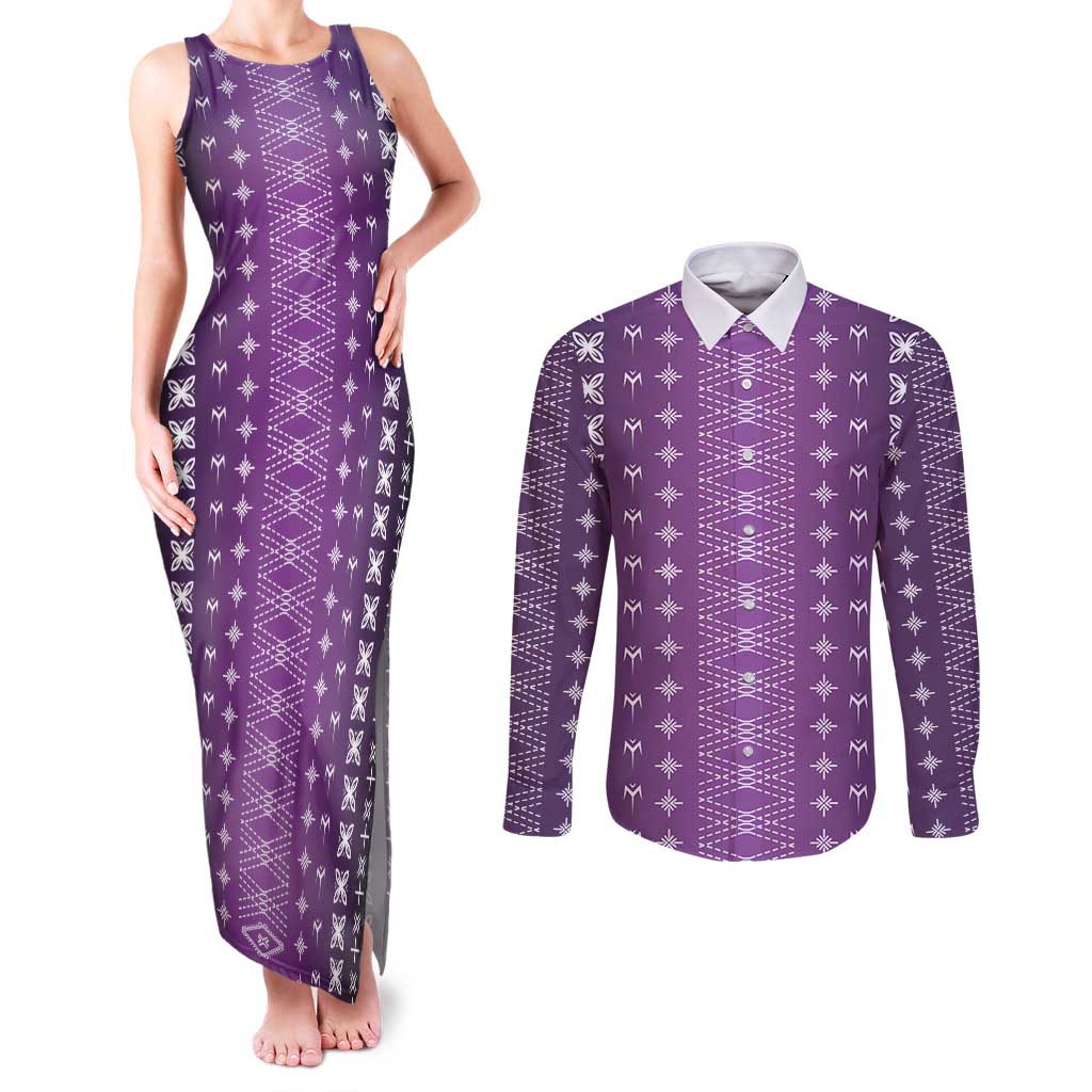 Purple Samoa Malu Tattoo Inspired Couples Matching Tank Maxi Dress and Long Sleeve Button Shirt - Polynesian Pride