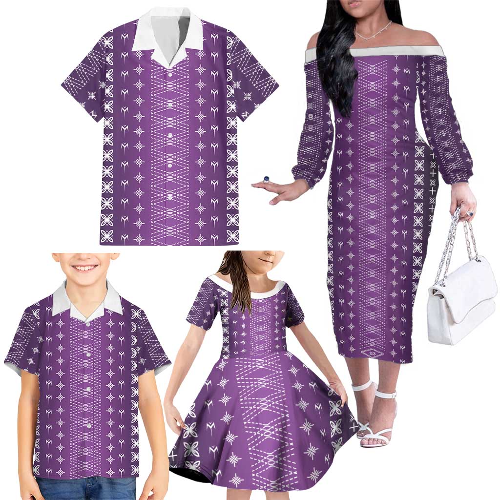 Purple Samoa Malu Tattoo Inspired Family Matching Off The Shoulder Long Sleeve Dress and Hawaiian Shirt - Polynesian Pride