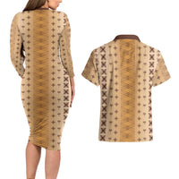 Beige Samoa Malu Tattoo Inspired Couples Matching Long Sleeve Bodycon Dress and Hawaiian Shirt - Polynesian Pride