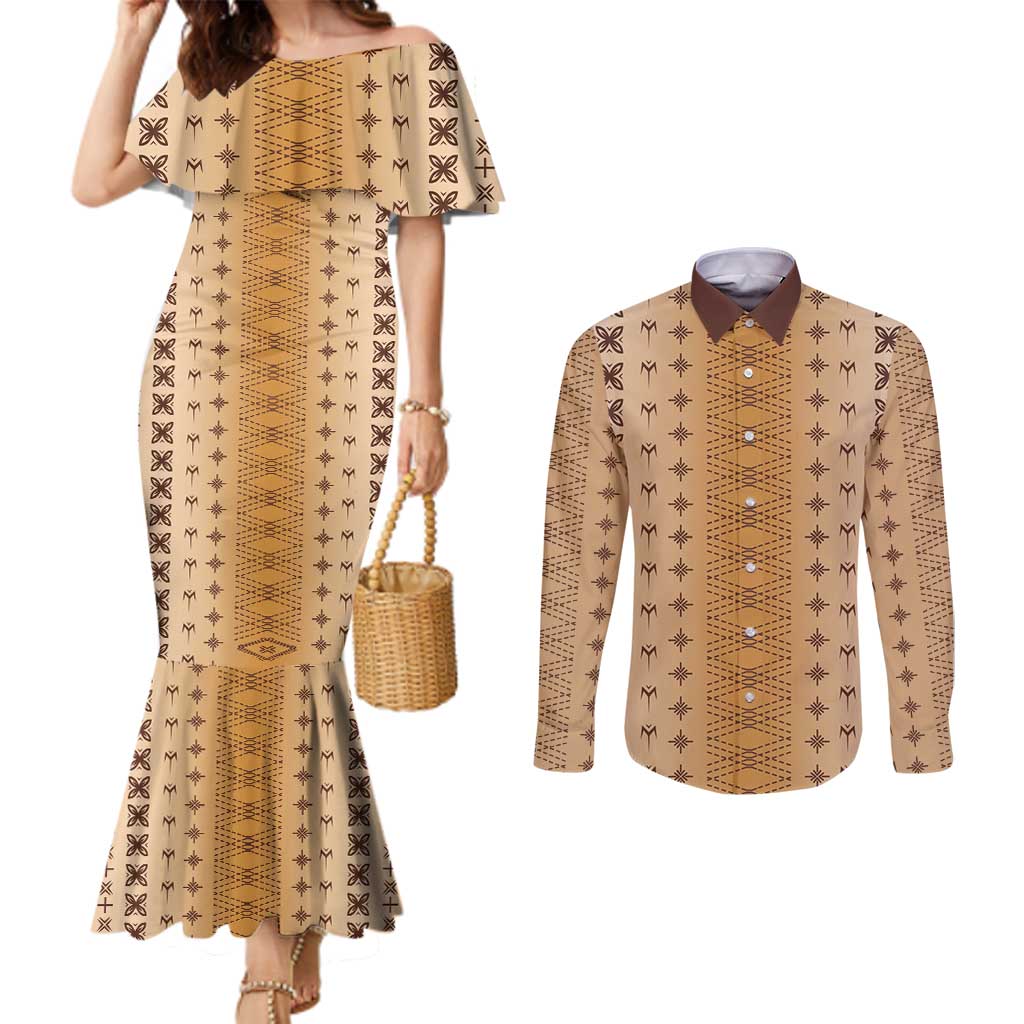Beige Samoa Malu Tattoo Inspired Couples Matching Mermaid Dress and Long Sleeve Button Shirt - Polynesian Pride