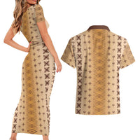 Beige Samoa Malu Tattoo Inspired Couples Matching Short Sleeve Bodycon Dress and Hawaiian Shirt - Polynesian Pride