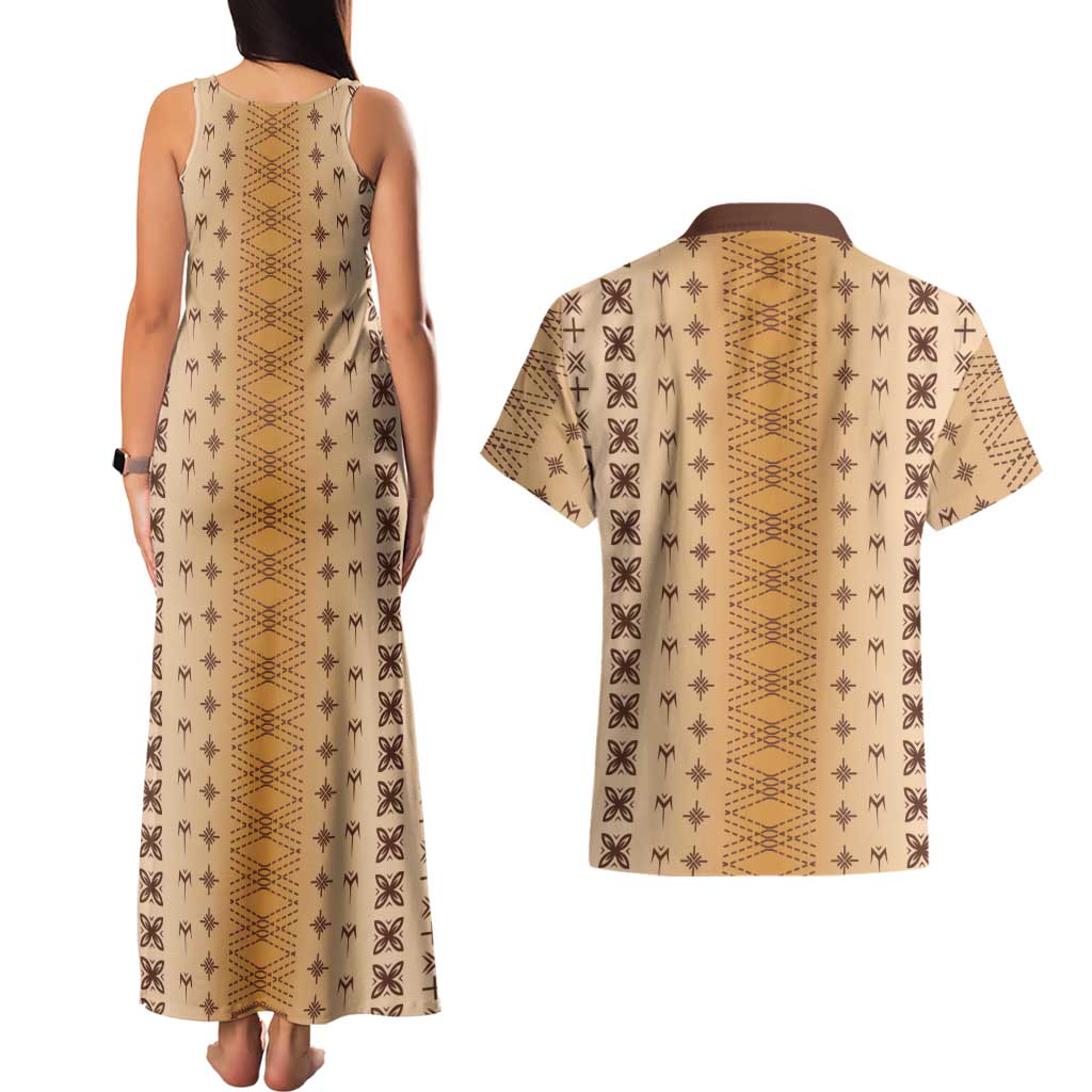 Beige Samoa Malu Tattoo Inspired Couples Matching Tank Maxi Dress and Hawaiian Shirt - Polynesian Pride
