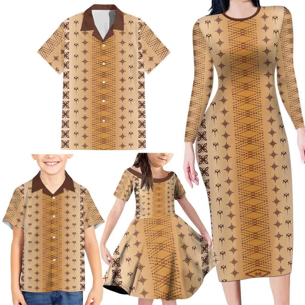 Beige Samoa Malu Tattoo Inspired Family Matching Long Sleeve Bodycon Dress and Hawaiian Shirt LT05 - Polynesian Pride