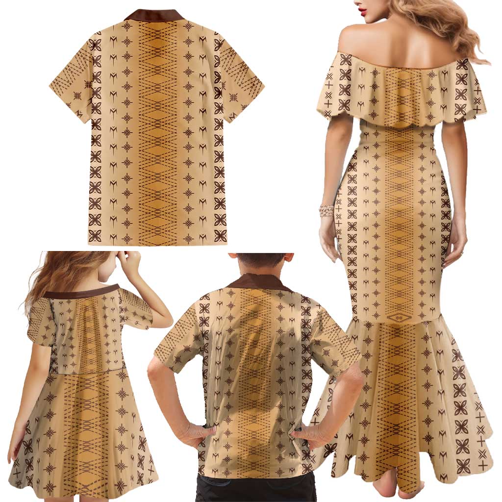 Beige Samoa Malu Tattoo Inspired Family Matching Mermaid Dress and Hawaiian Shirt LT05 - Polynesian Pride