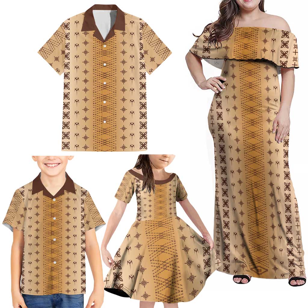 Beige Samoa Malu Tattoo Inspired Family Matching Off Shoulder Maxi Dress and Hawaiian Shirt LT05 - Polynesian Pride