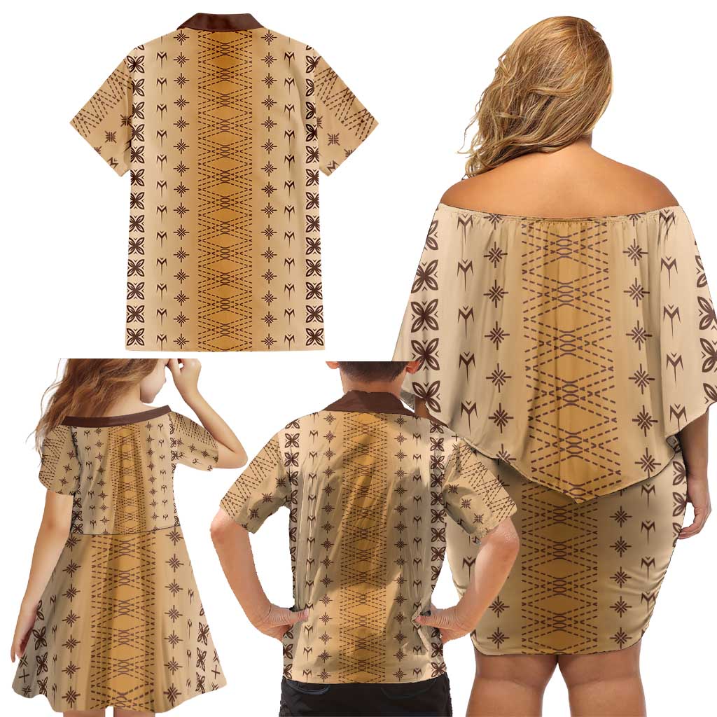 Beige Samoa Malu Tattoo Inspired Family Matching Off Shoulder Short Dress and Hawaiian Shirt LT05 - Polynesian Pride