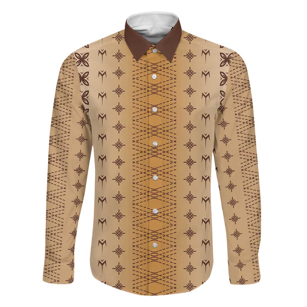 Beige Samoa Malu Tattoo Inspired Family Matching Off Shoulder Short Dress and Hawaiian Shirt LT05 Dad's Shirt - Long Sleeve Beige - Polynesian Pride