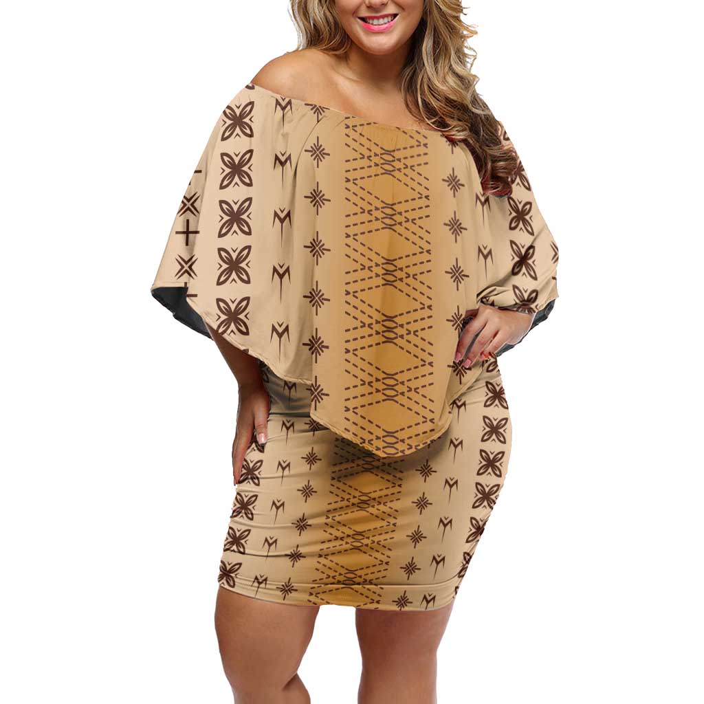 Beige Samoa Malu Tattoo Inspired Family Matching Off Shoulder Short Dress and Hawaiian Shirt LT05 Mom's Dress Beige - Polynesian Pride