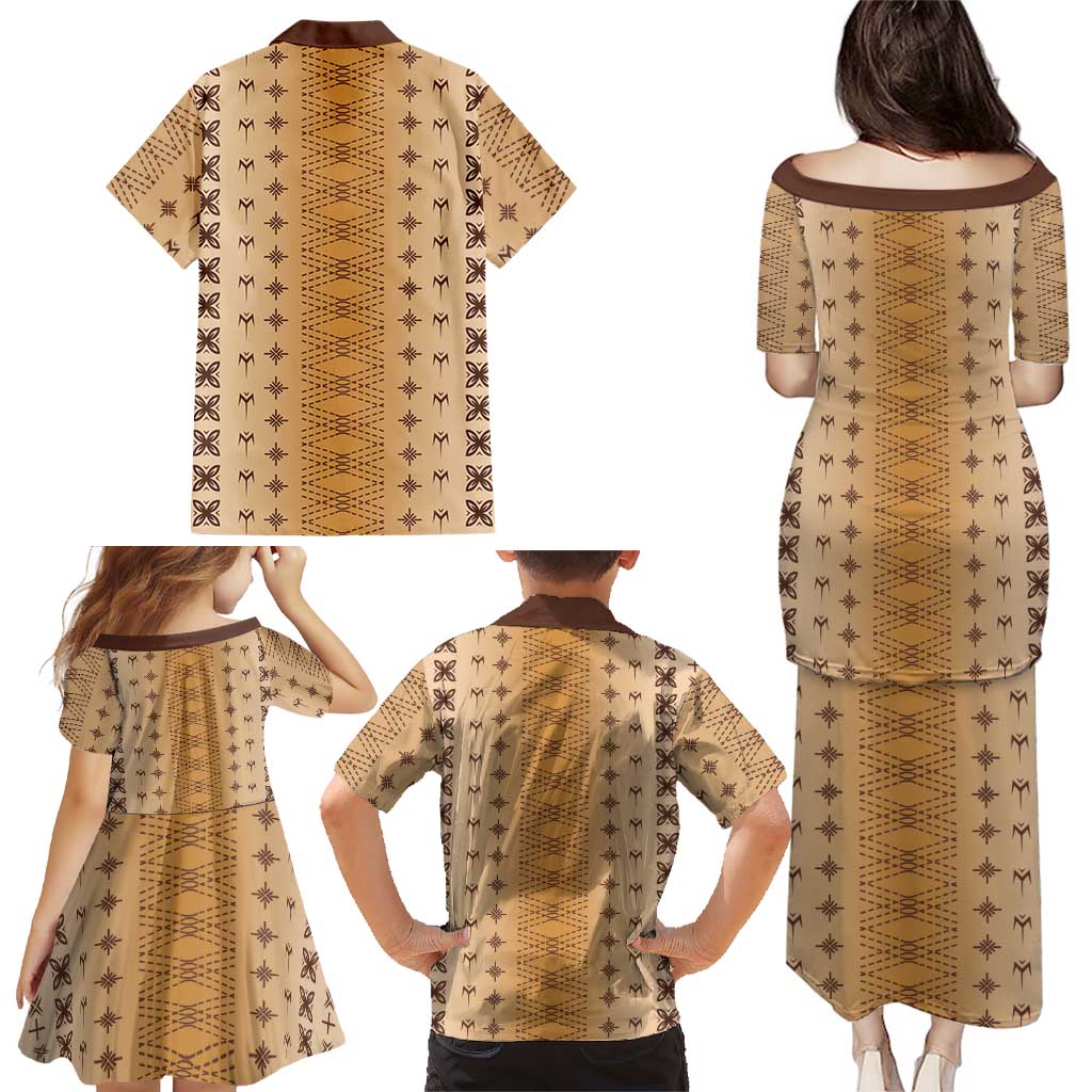 Beige Samoa Malu Tattoo Inspired Family Matching Puletasi and Hawaiian Shirt - Polynesian Pride