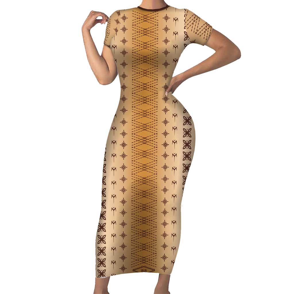 Beige Samoa Malu Tattoo Inspired Family Matching Short Sleeve Bodycon Dress and Hawaiian Shirt LT05 Mom's Dress Beige - Polynesian Pride