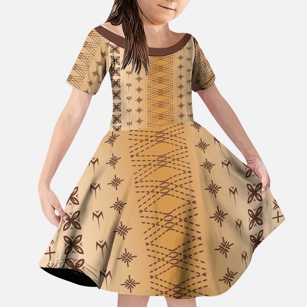 Beige Samoa Malu Tattoo Inspired Kid Short Sleeve Dress - Polynesian Pride