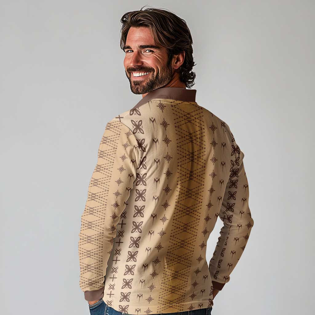 Beige Samoa Malu Tattoo Inspired Long Sleeve Polo Shirt - Polynesian Pride