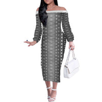 Black Samoa Malu Tattoo Inspired Family Matching Off The Shoulder Long Sleeve Dress and Hawaiian Shirt LT05 Mom's Dress Black - Polynesian Pride