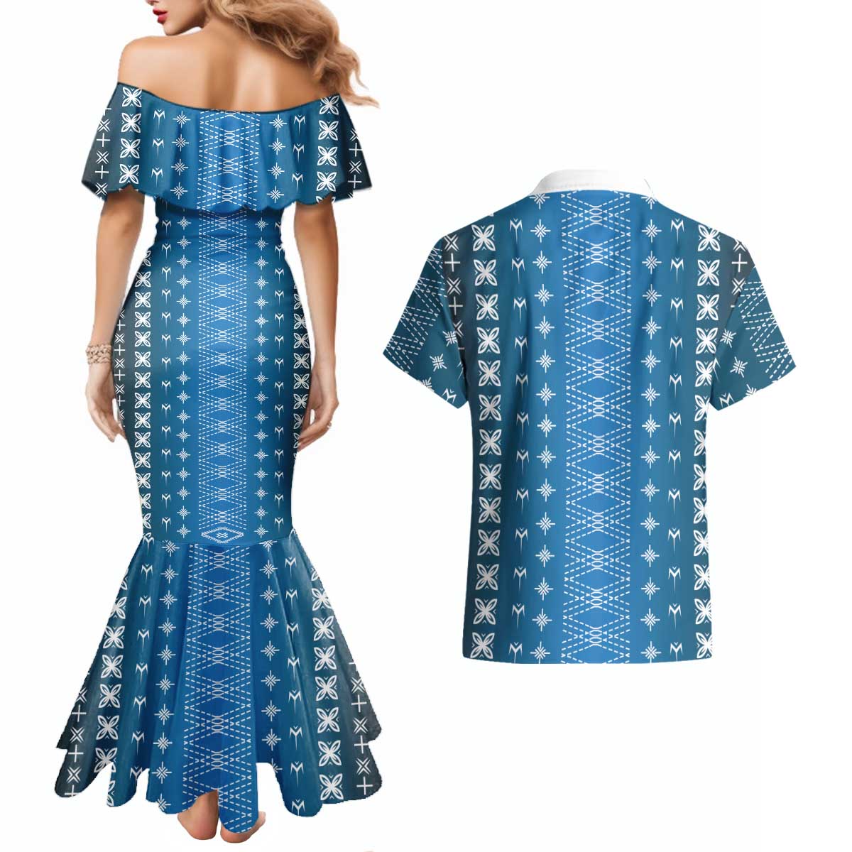 Blue Samoa Malu Tattoo Inspired Couples Matching Mermaid Dress and Hawaiian Shirt - Polynesian Pride