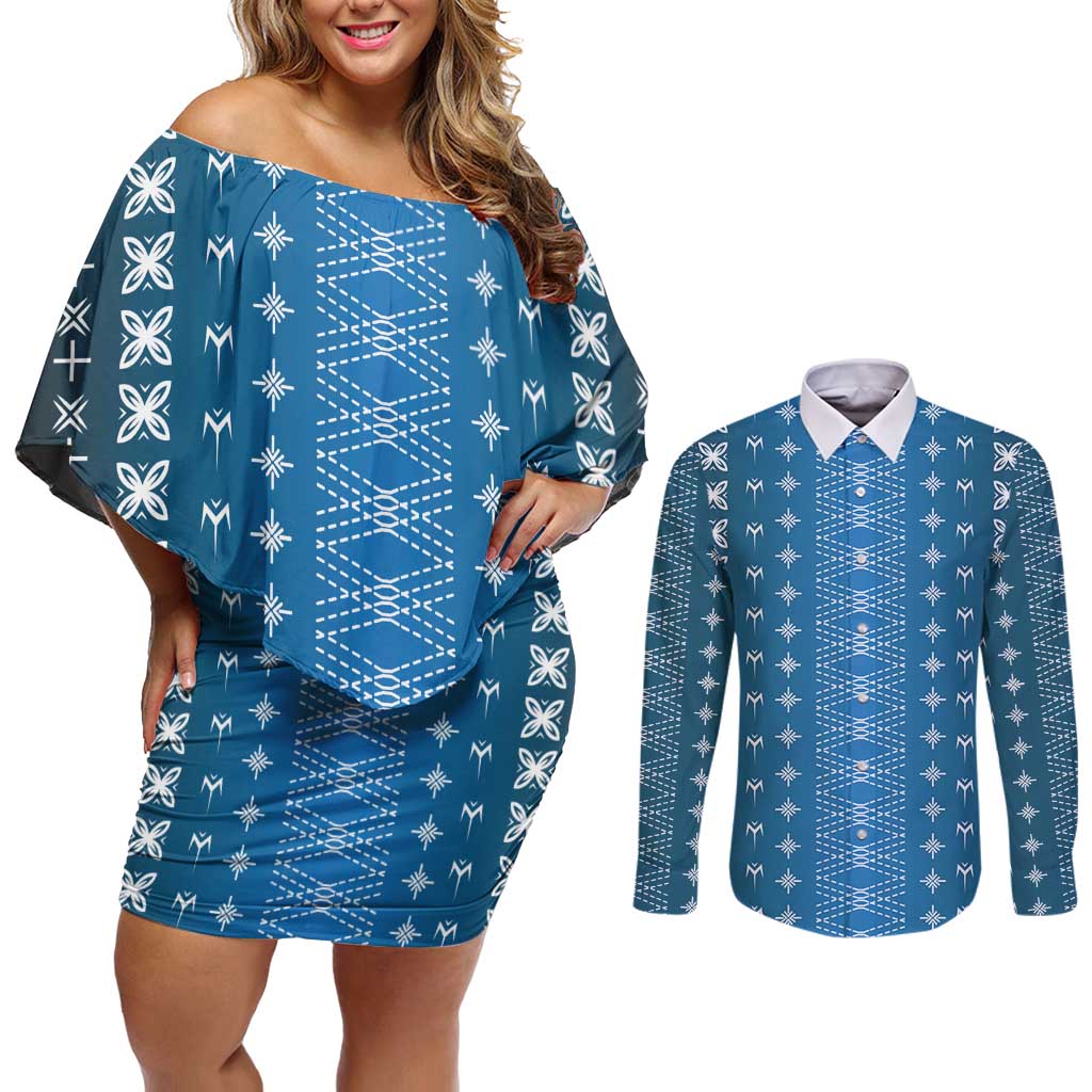 Blue Samoa Malu Tattoo Inspired Couples Matching Off Shoulder Short Dress and Long Sleeve Button Shirt LT05 Blue - Polynesian Pride