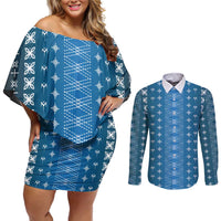 Blue Samoa Malu Tattoo Inspired Couples Matching Off Shoulder Short Dress and Long Sleeve Button Shirt LT05 Blue - Polynesian Pride