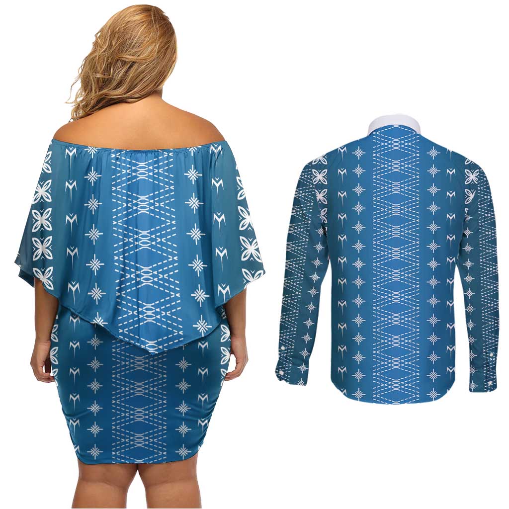 Blue Samoa Malu Tattoo Inspired Couples Matching Off Shoulder Short Dress and Long Sleeve Button Shirt LT05 - Polynesian Pride