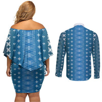 Blue Samoa Malu Tattoo Inspired Couples Matching Off Shoulder Short Dress and Long Sleeve Button Shirt LT05 - Polynesian Pride