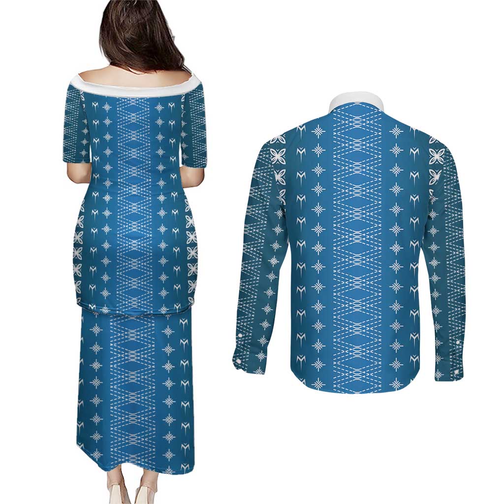 Blue Samoa Malu Tattoo Inspired Couples Matching Puletasi and Long Sleeve Button Shirt - Polynesian Pride
